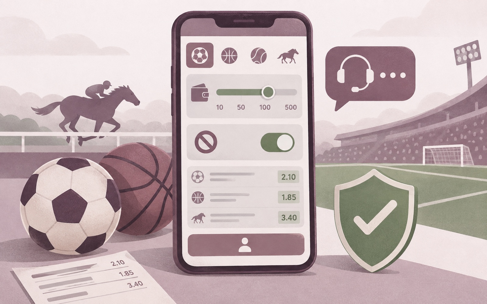 Calm illustration of a phone showing an app deposit-limit screen next to a paused notification