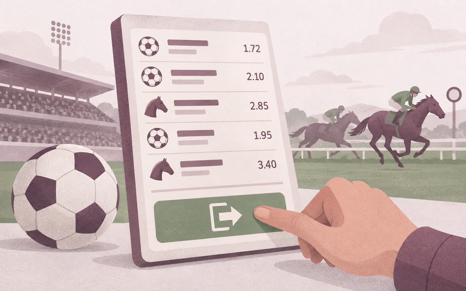 Calm illustration comparing a single bet slip with an accumulator and a cash-out button
