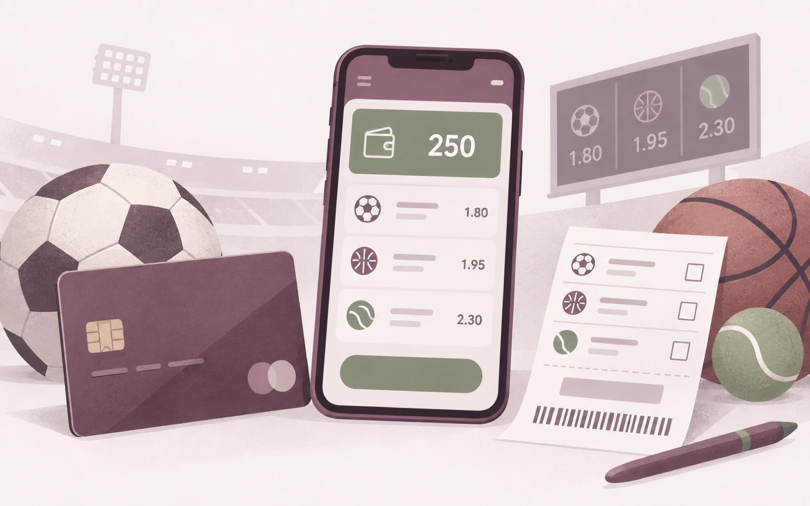 Illustration of a debit card and a blocked credit card beside a bank icon