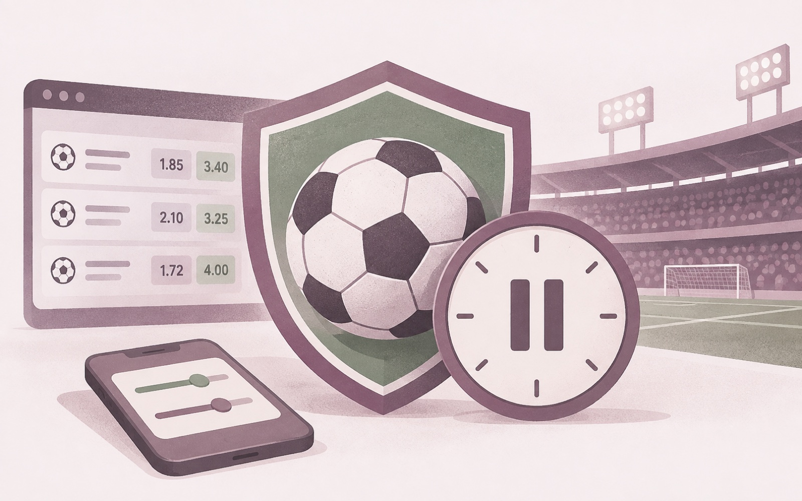 Illustration of a calm dashboard showing a deposit limit, a time-out and a helpline number