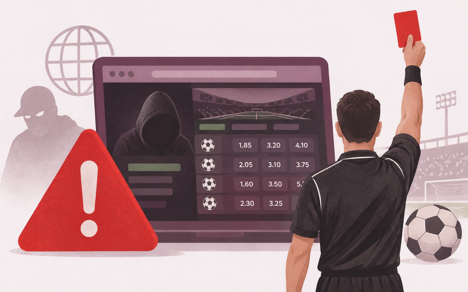 Illustration of warning flags beside a betting screen with a stalled withdrawal notice